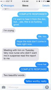 Happy, grateful crying when Stevie got the good news.